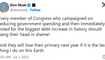 马斯克誓言:若特朗普大而美法案通过,第二天就成立“美国党”