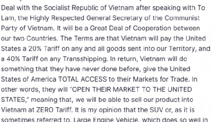 特朗普:越南将对美出口实施零关税 为向美出口支付20%的关税