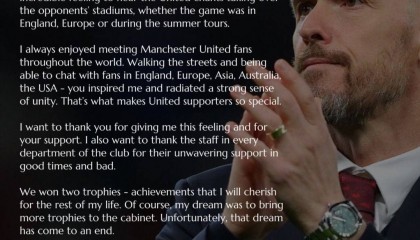 滕哈格告别信：梦想为曼联带来更多奖杯 不幸的是梦结束了