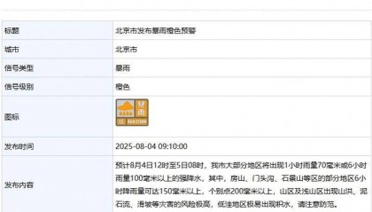 北京市升级发布暴雨橙色预警!五区升级发布暴雨红色预警!注意防范——