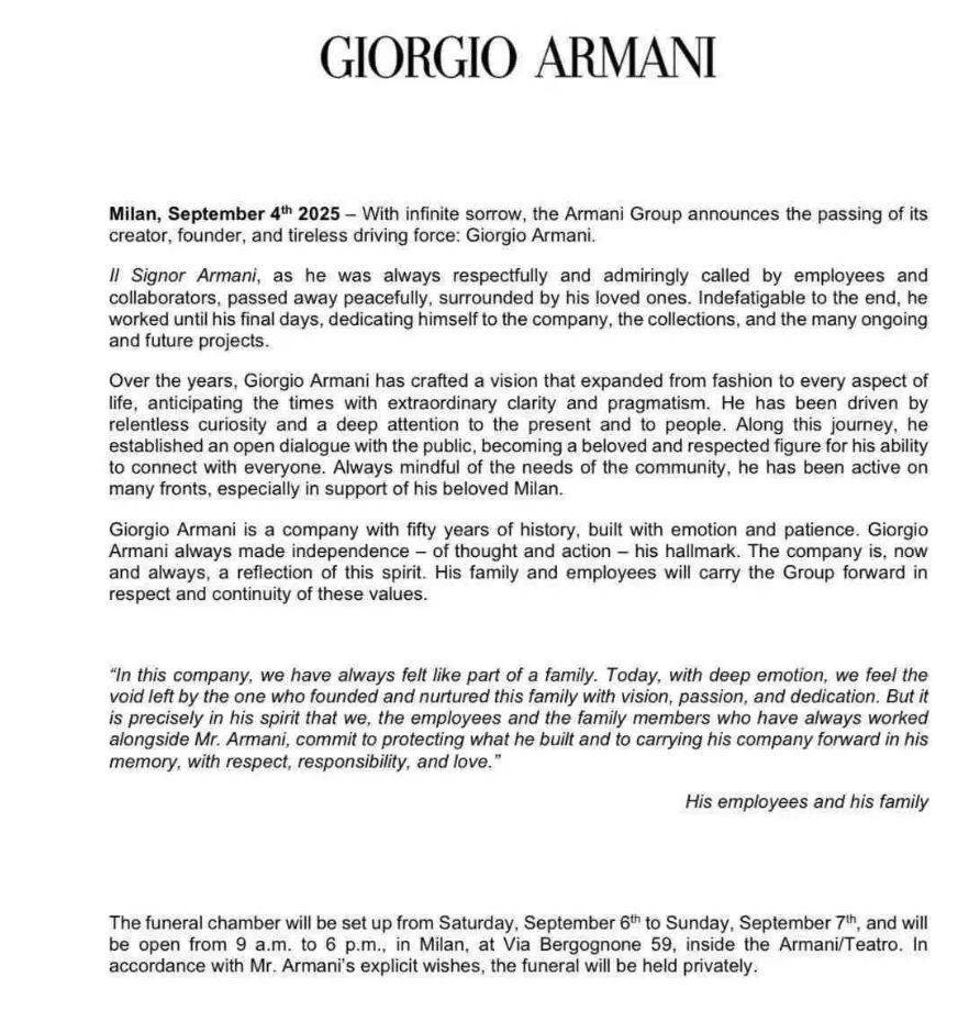 奢侈品牌阿玛尼创始人离世!享年91岁,身家800亿元