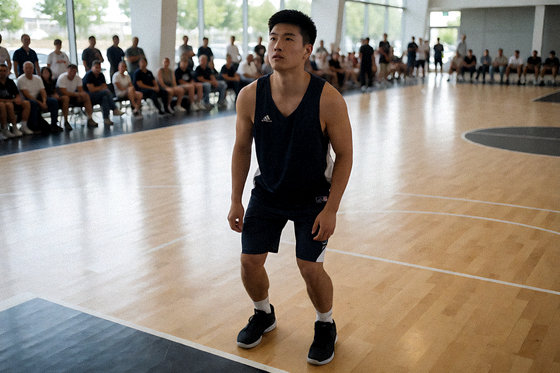 NBA赛场全景，球员在三分线外准备投篮的竞技画面